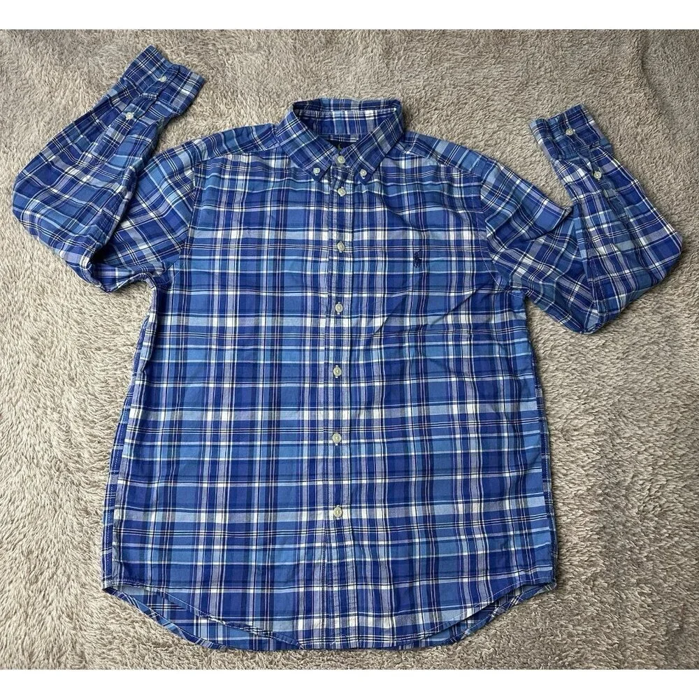 Ralph Lauren Performance Plaid Button-Down Shirt - Blue Kid's Size L 14-16